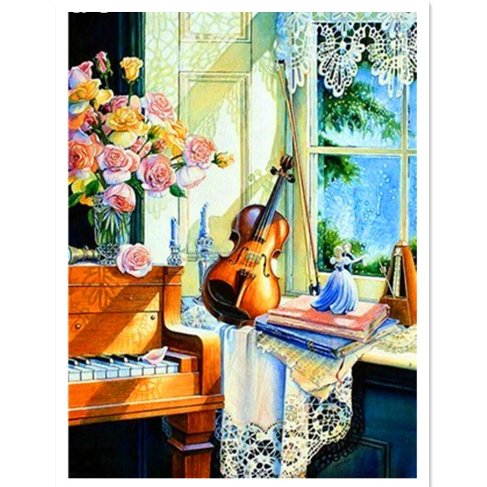 
Custom Free Cross Stitch Patterns Guitar Morning Window Flowers Girl Diamant Painting Diamond Art Diy 5D Diamond Painting Kit 