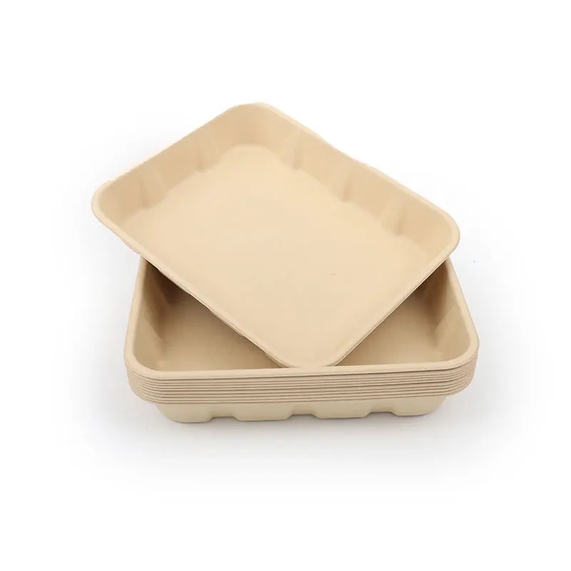 Disposable Biodegradable Bamboo Pulp Supermarket Vegetable Fruit Meat Frozen Food Packaging Plate Trays