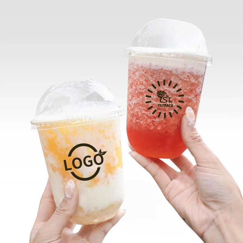 Customize 12 oz milk tea U cup custom u shape boba ice cream bubble tea cups dome lids printed plastic cups with lids