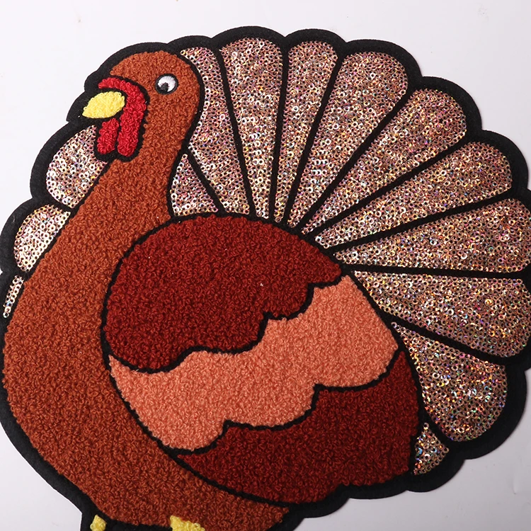 Wholesale large big embroidery sew on patches thanksgiving iron on glitter sequin chenille turkey patch for women shirt