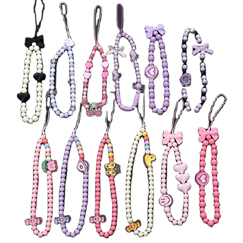 New beaded bow mobile phone chain love phone case short style lanyard anti-loss anti-fall hanging ornament pendant