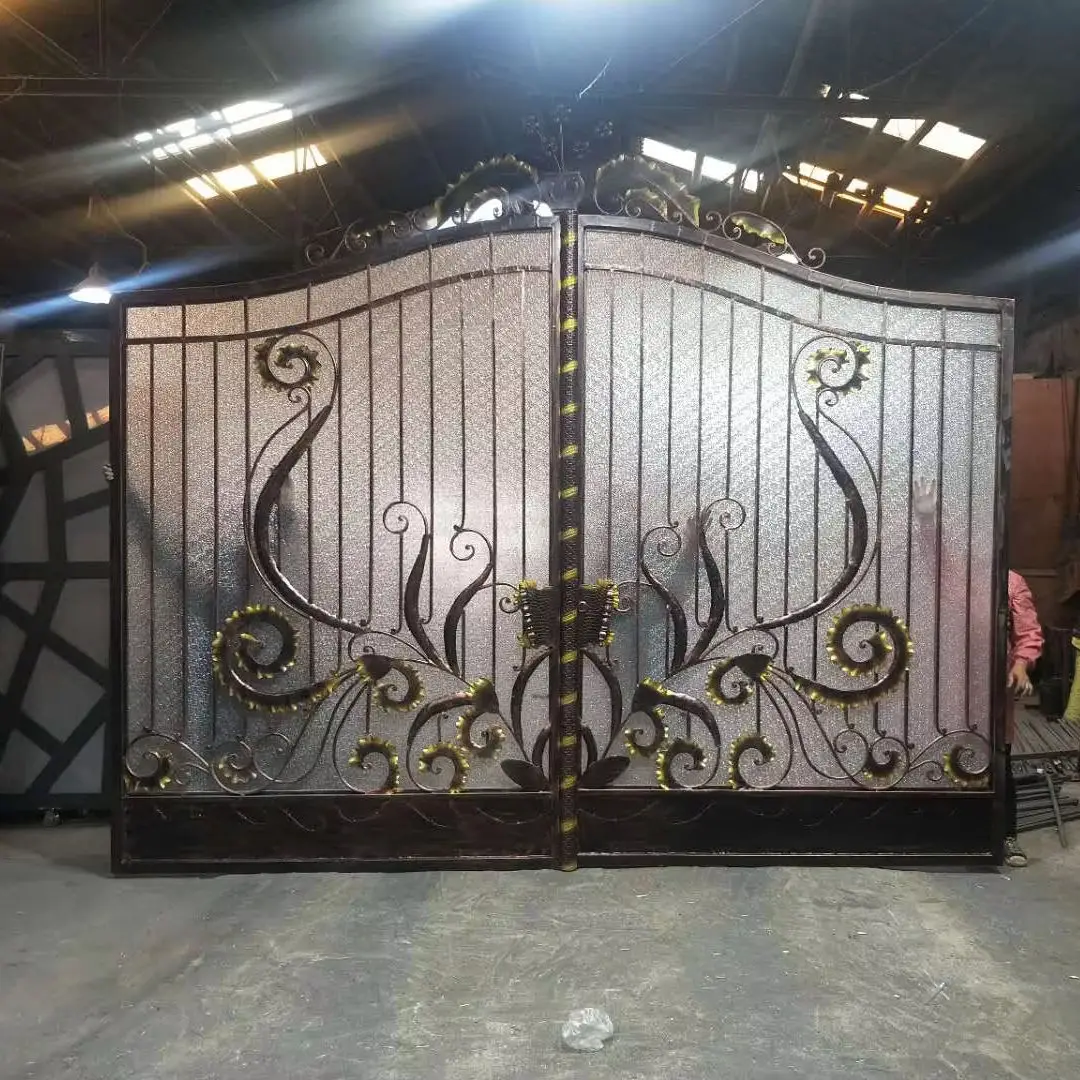 Custom forged special-shaped wrought iron gate with modern hollow pattern process,, can be installed glass