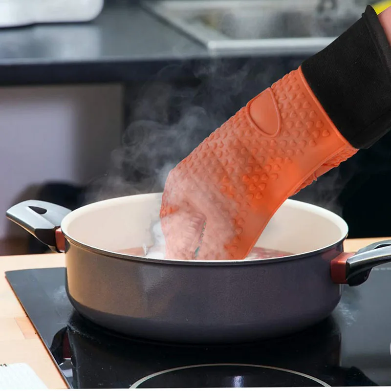 Heat Resistant Silicone Grilling Gloves Long Waterproof BBQ Kitchen Oven Mitts with Inner Cotton Layer for Barbecue