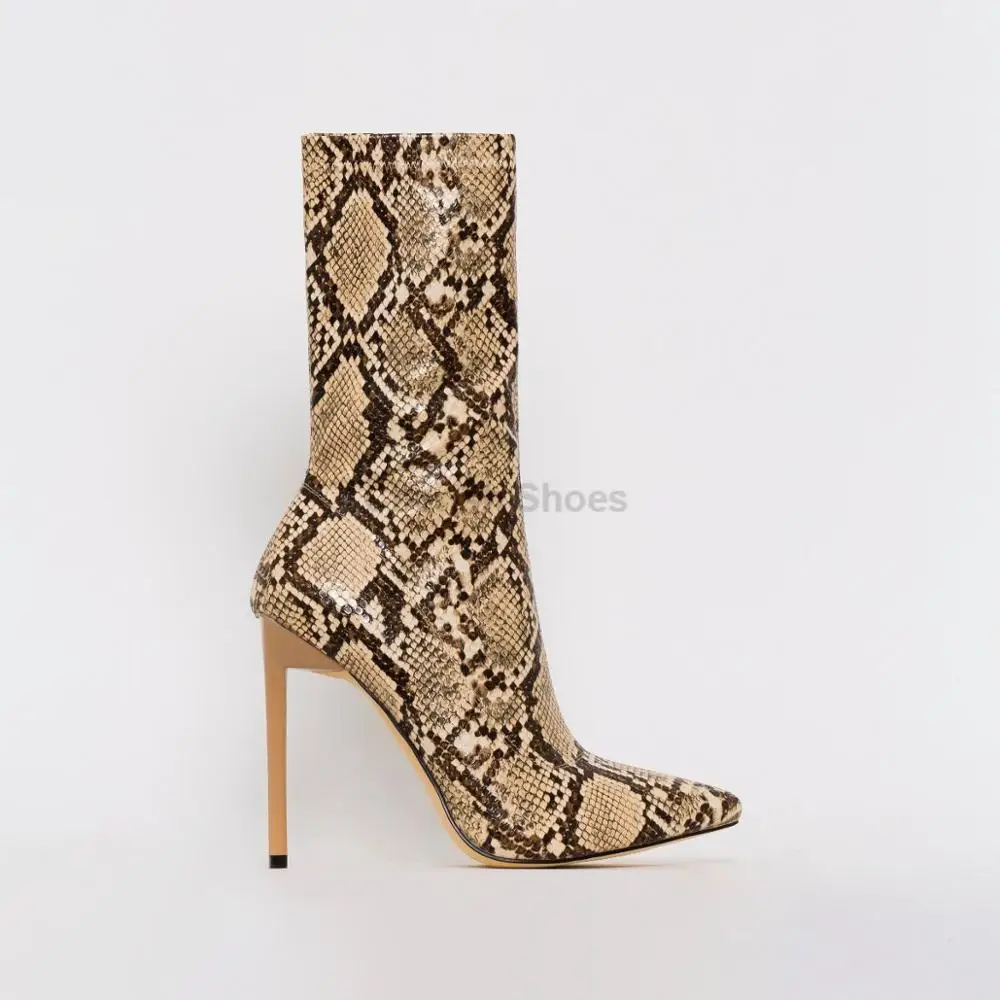 Latest arrival fashion pointed toe beige snake print stiletto ankle boots Zipper high Heel Sexy Short Booties winter shoes