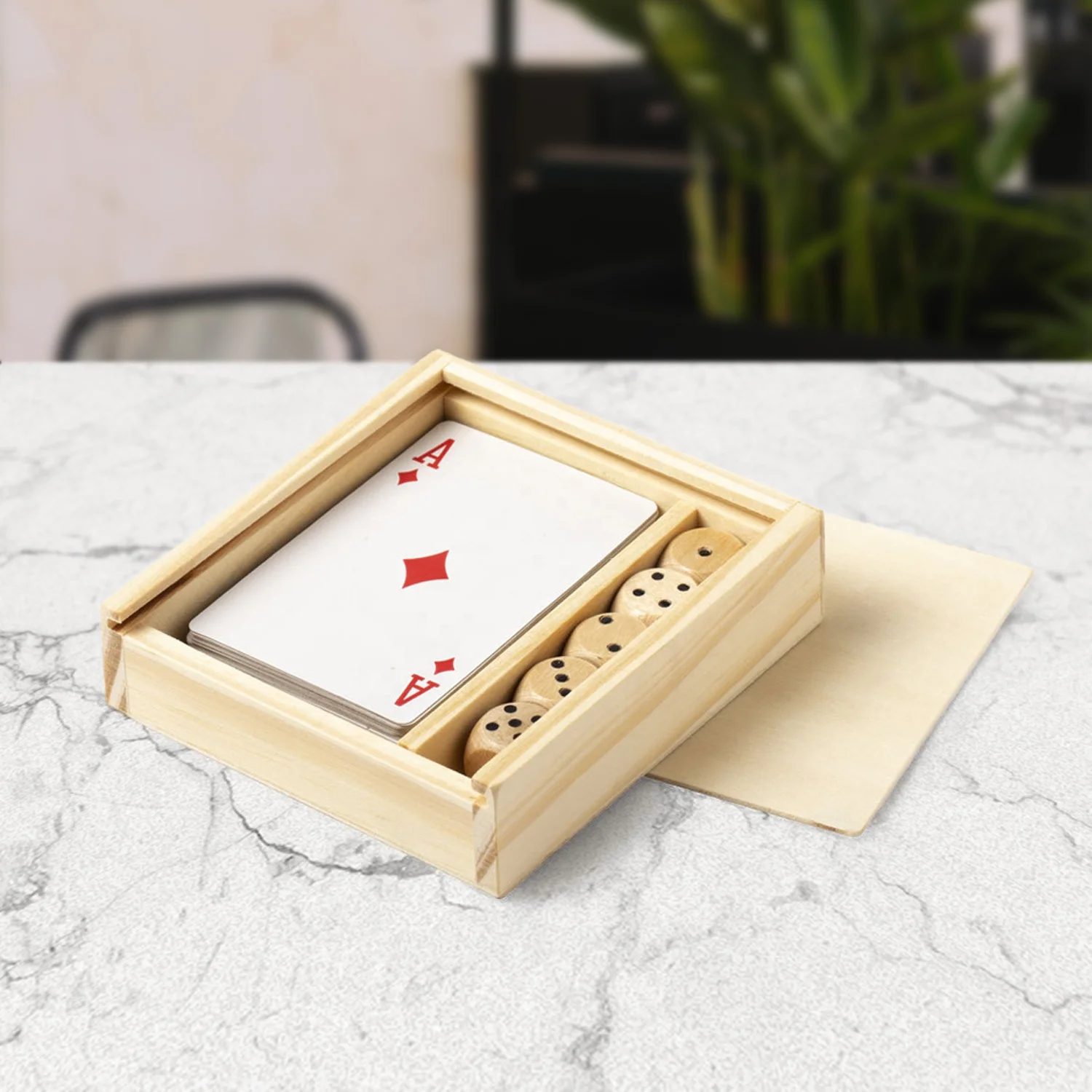 Tabletop Playing Card Game Set Wooden Dice in Storage Box