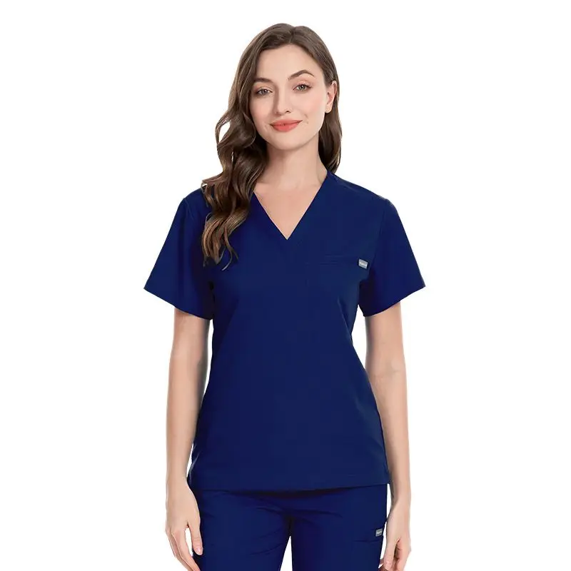 42031 stretchy joggar work clothes denim canvas apron cotton laboratory scrubs navy blue tailor suit for women
