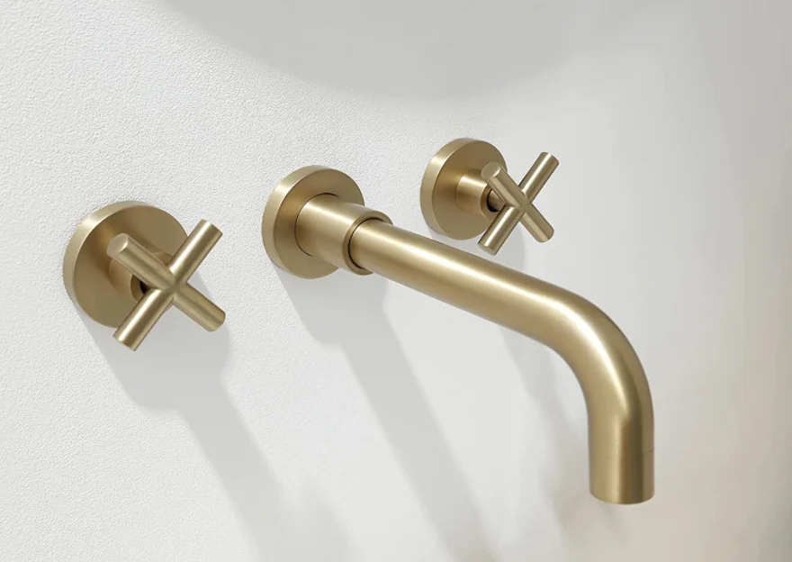 Brushed Gold Brass Bathroom Tap, Double Handle Three Holes Wall Mount Bathroom Sink Faucet and Rough in Valve Included
