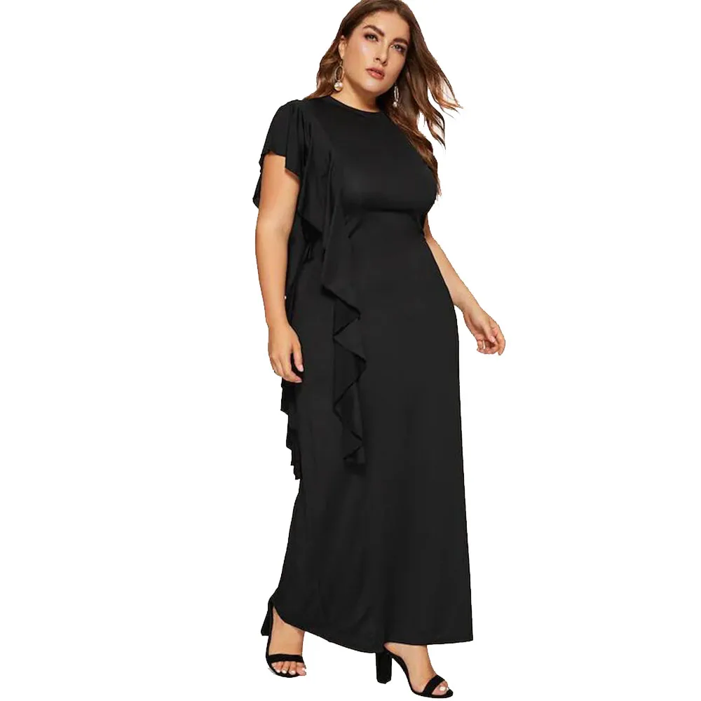 plus size 5XL dresses New arrival Leaf edge sleeve ruffles trim dress evening dress FM-6801