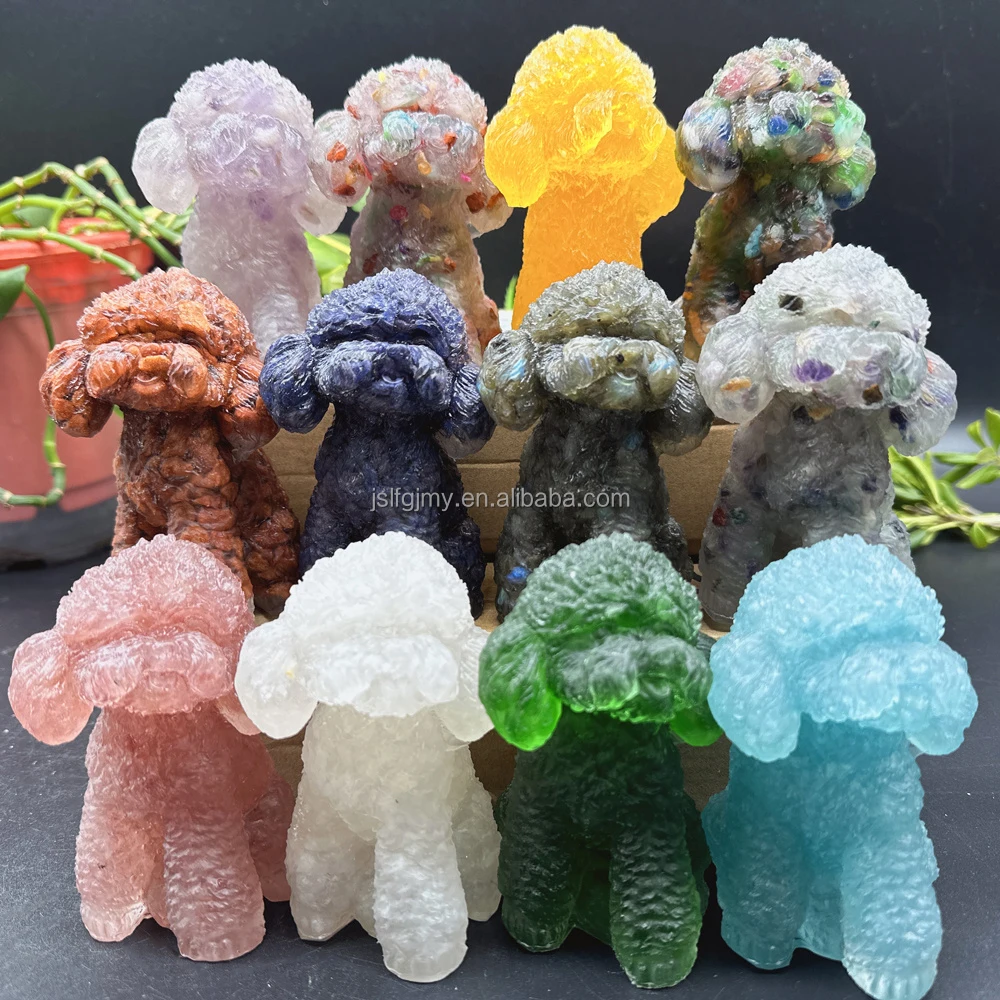 Wholesale healing crystal ornaments natural rose quartz crystal chips resin dog for decoration