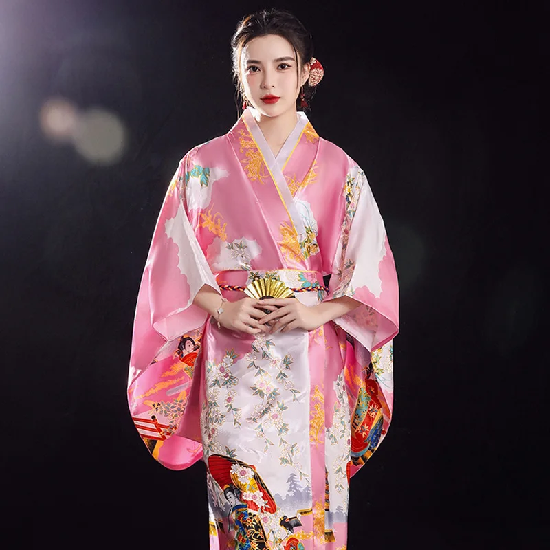 Woman Lady Japanese Tradition Yukata Satin Kimono With Obi Flower Vintage Evening Dress Cosplay Costume One Size