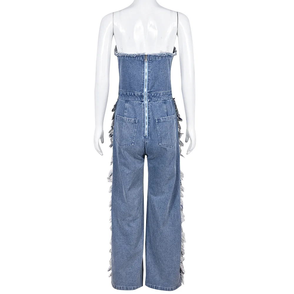 2023 Denim Jumpsuit Women Sleeveless Strapless Jeans Jumpsuits Sexy Hollow Out Hole Tassel Denim Jumpsuit Women