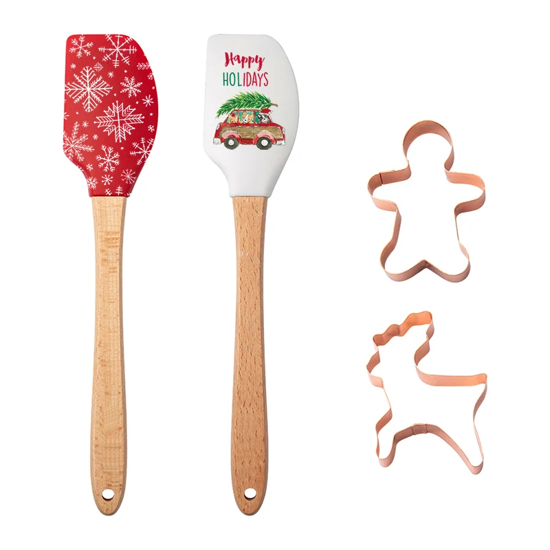 Maisons Christmas Gift Bakeware Cake tools with Wooden Handle 4 Pcs Cookie Cutter Silicone Spatula Set