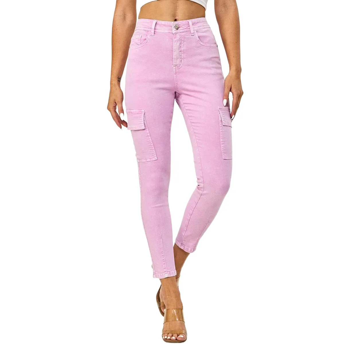 Wholesale Women Denim Fabric Slim Cargo Pants High Quality Ladies High Waist Design Pink Skinny Jeans