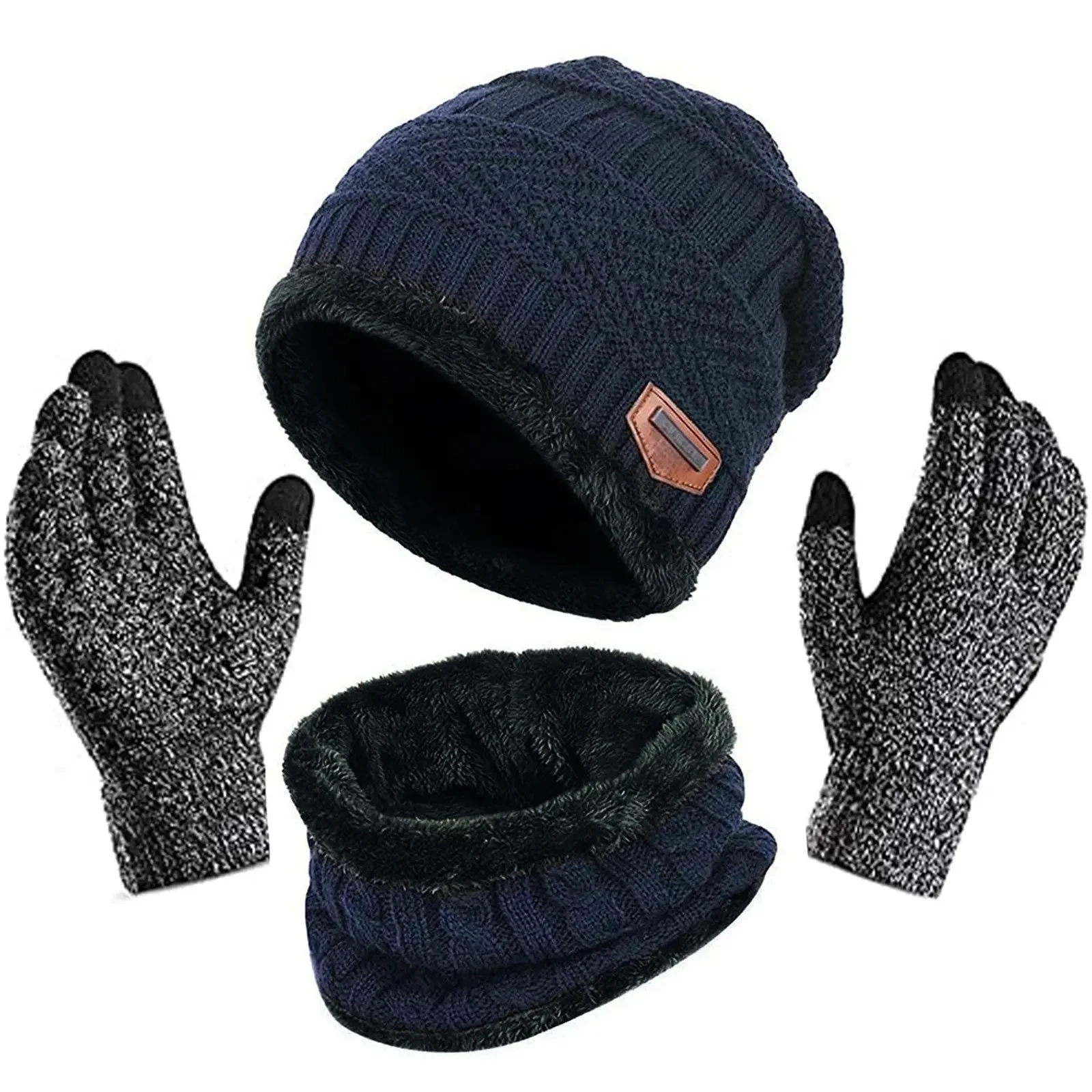 Women Thick Warm Beanie scarf hat and glove sets 3Pcs/Set Knitted men Winter Hats With Scarf Touch Screen Gloves Set