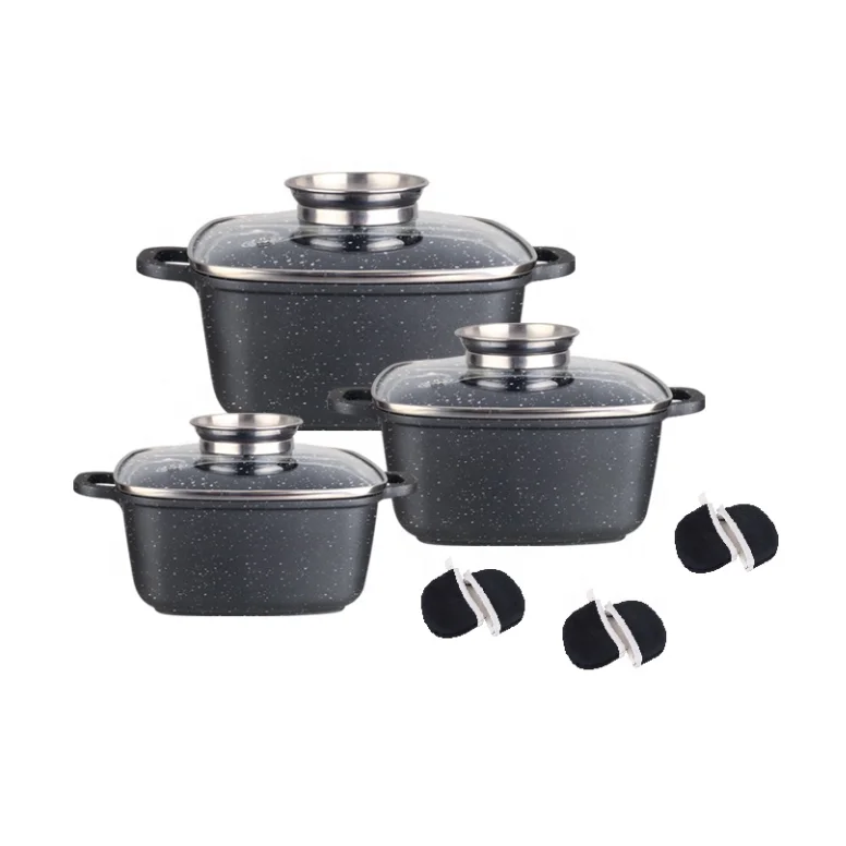 6 piece die casting aluminium square casserole cookware set with nonstick marble coating