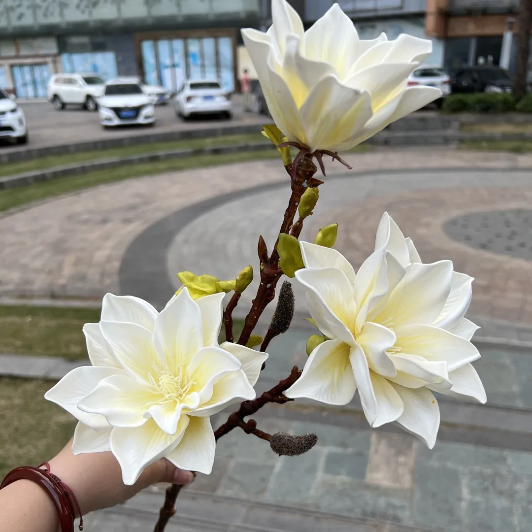 Wholesale Orange 3D Simulation Magnolia 3-Head Soft Fake Wedding Flowers with Spring Tide Feel for Wall Decor