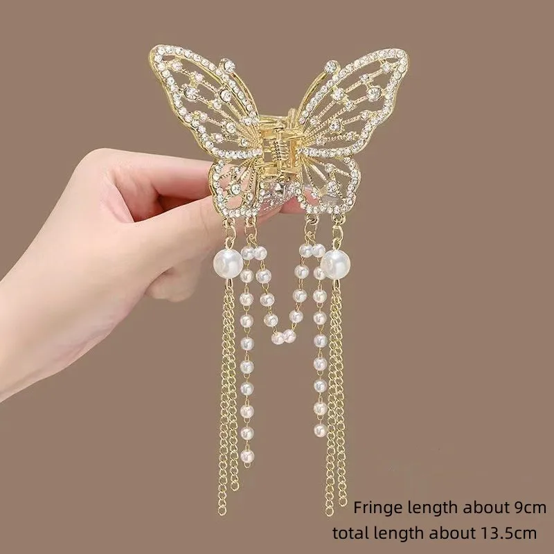 Elegant Wispy hollow diamond Pearl flower butterfly fringe claw clip non-slip hair clip styling accessories for thick long hair