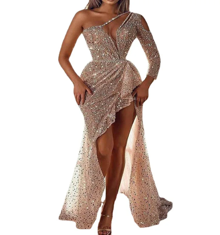 New Design Women Sexy High Slit Long Sleeve Sequin Party Dress Lady Sexy Luxury Maxi Evening Dresses