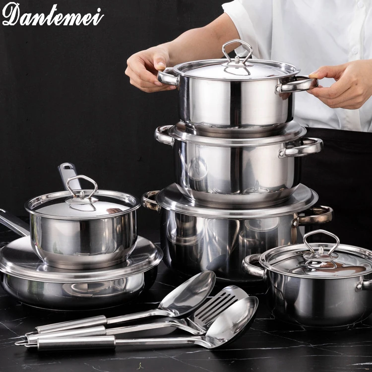 Most Popular 15PCS Kitchenware Sets 410 Stainless Steel Cooking Pot Set Kitchen Cookware Set