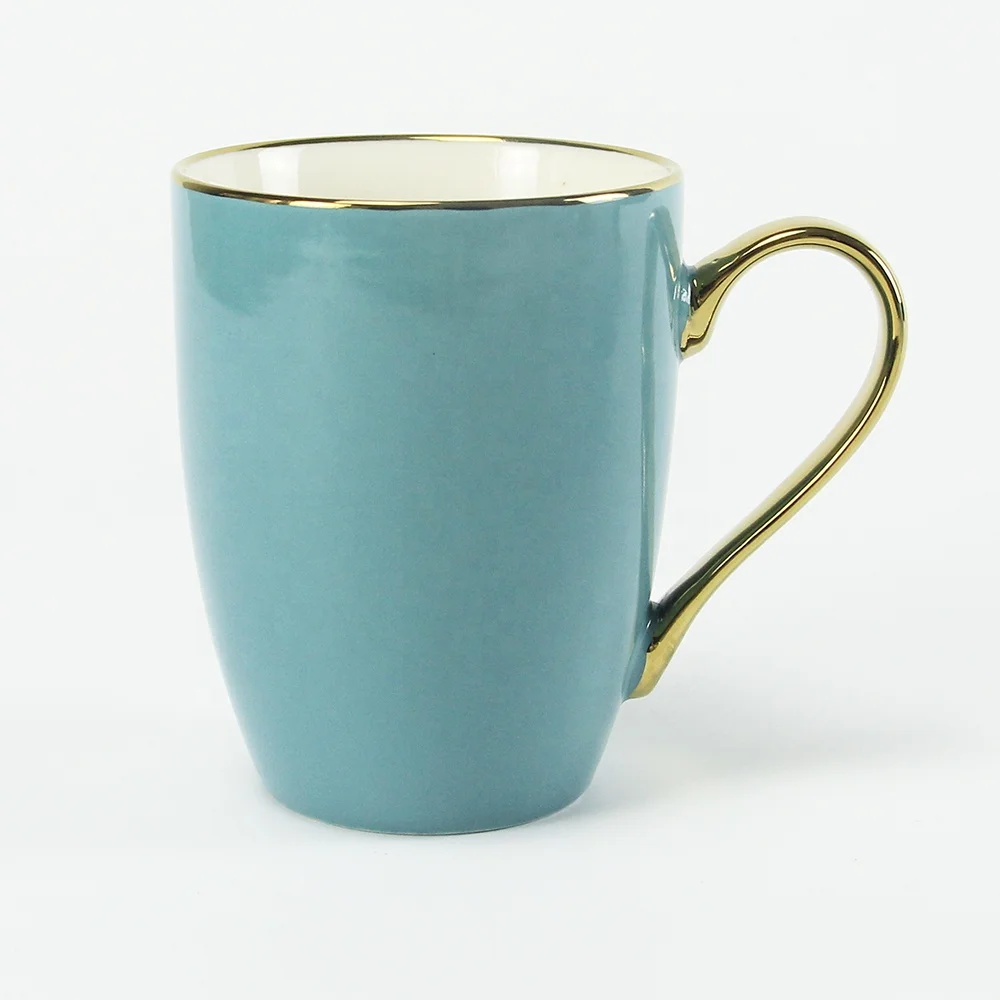 Factory direct sale barrel shape ceramic color glazed gold coffee mug with golden handle