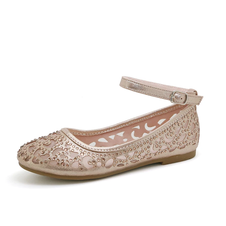 Kids Casual Princess Hollow Ballerina Girls Wedding Shoes With Gold Rhinestone