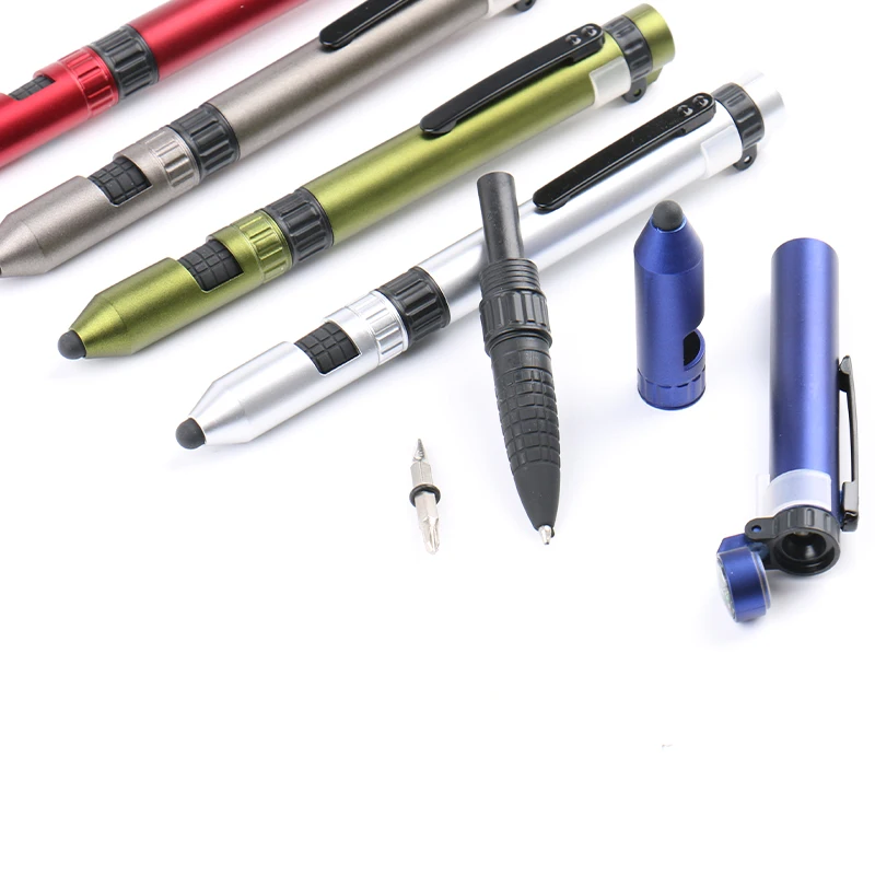 High Quality Custom Light and Compass Personalized Logo 6 in 1 Multi functional pen Holder Multipurpose Tactics Pen with Stylus