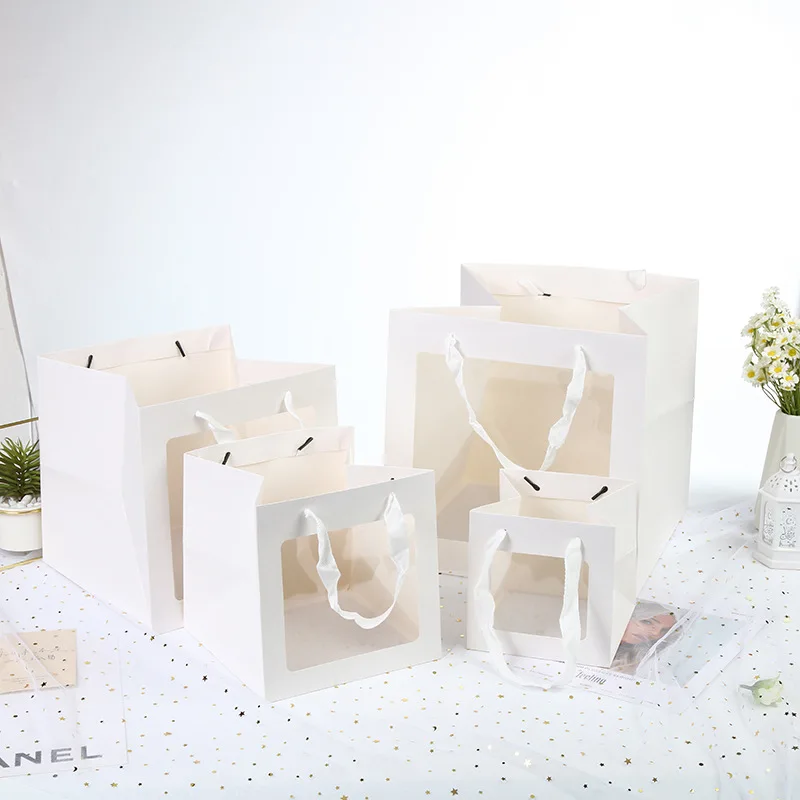 customizable Thickened square packaging flower wide bottom transparent window opening hand-held gift bag, paper bag