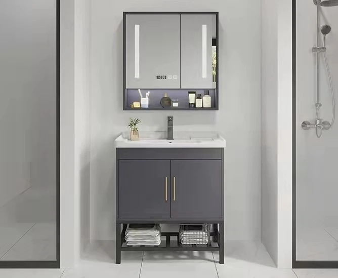 Classical black wooden double sink framed mirror big storage drawers Mdf Vanity Bathroom Cabinets for villa