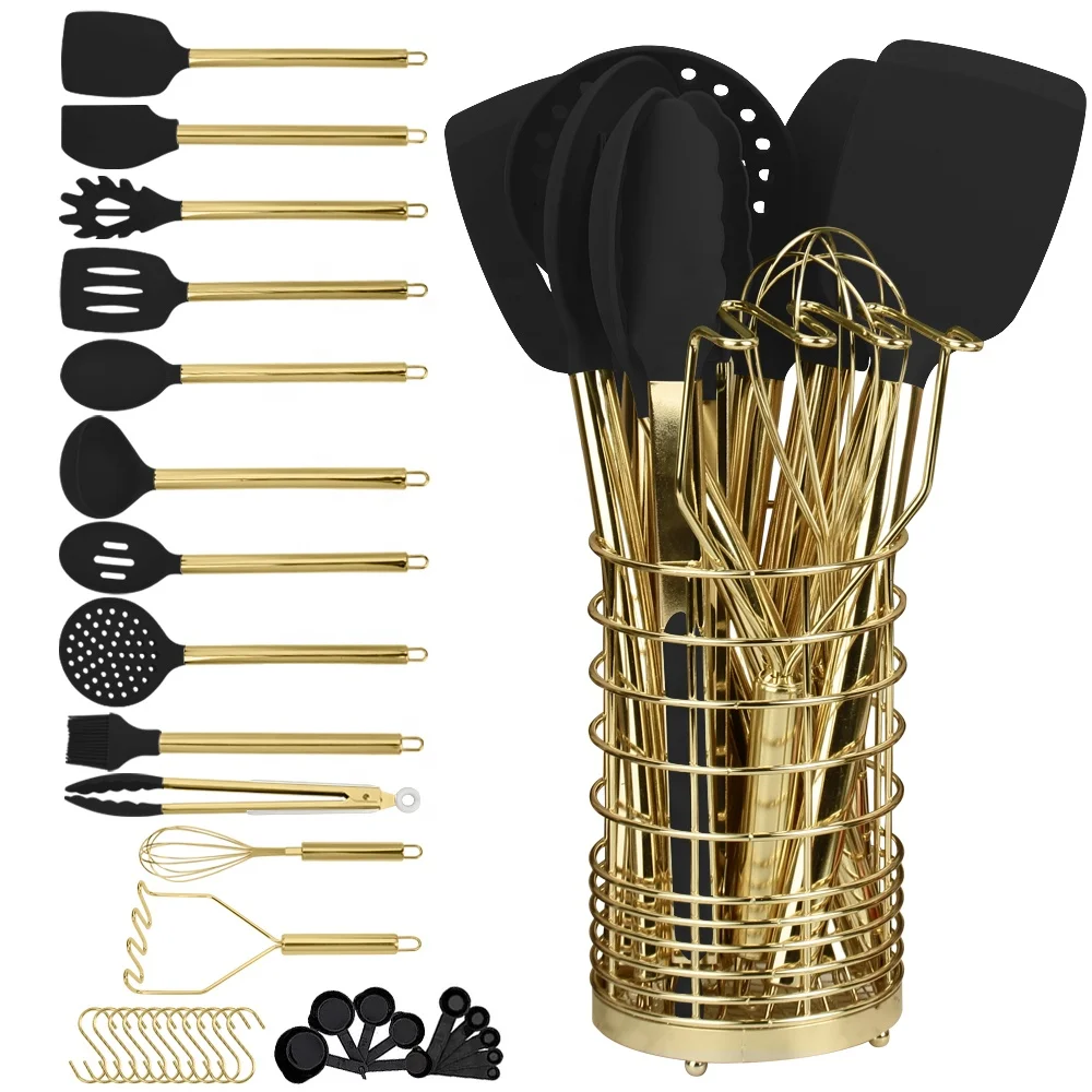 Modern stainless steel kitchen tools silicone  cooking utensils kitchen set gold black silicone kitchen utensils set with holder