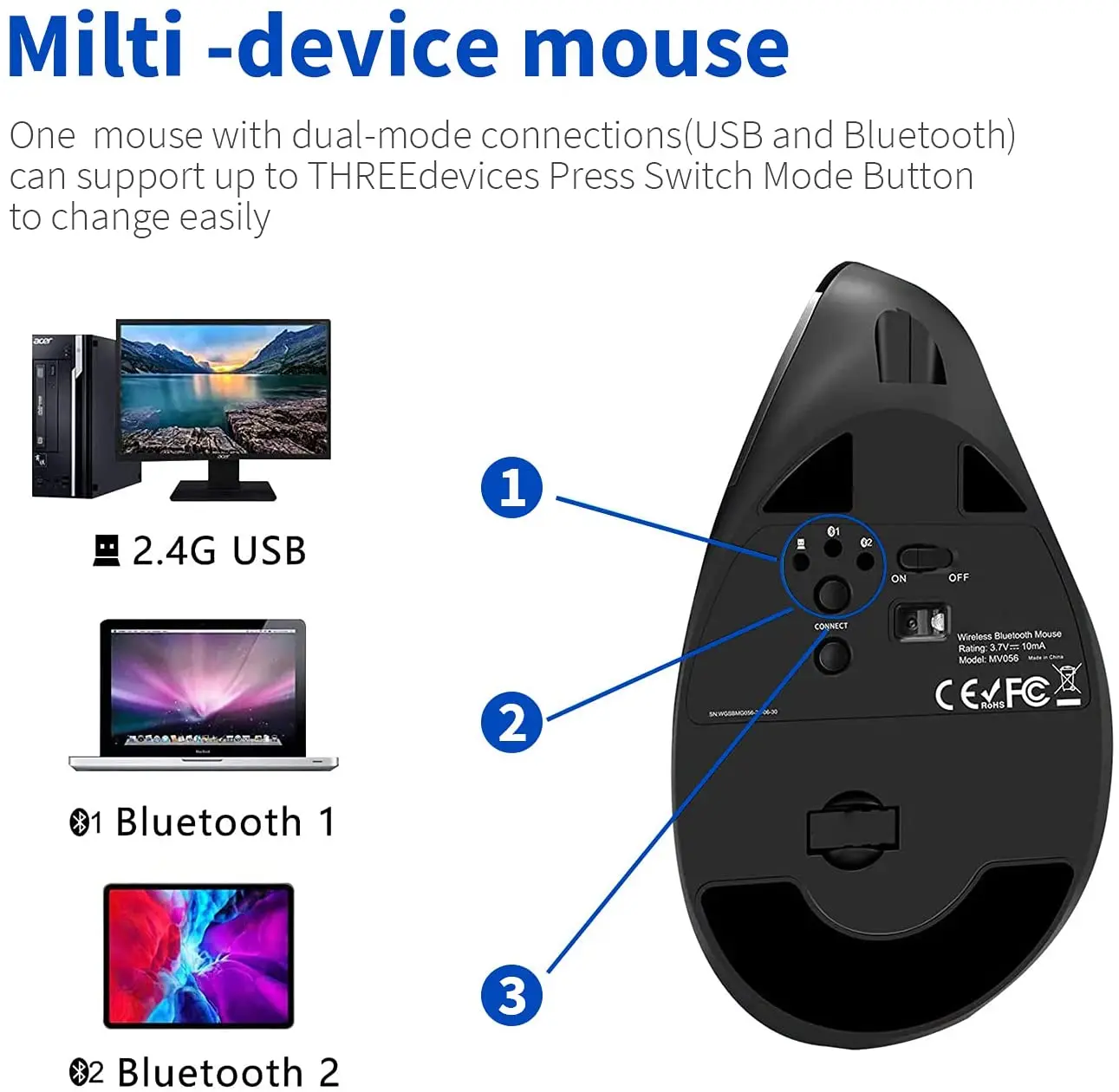 Factory new release Multi Device Vertical Mouse wireless Ergonomic Mouse Rechargeable BT  Mouse 5 Button and 3 DPI