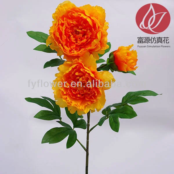 Fuyuan 3heads Peony silk flowers Artificial golden peony Bouquet For Wedding Room Decoration