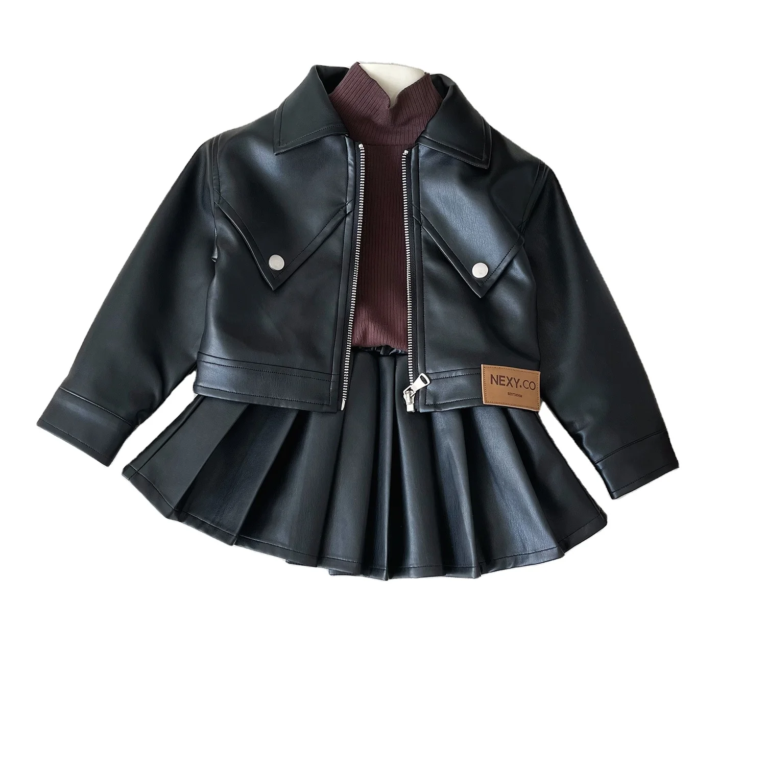 Autumn new girl temperament leather clothes set baby pleated skirt two sets