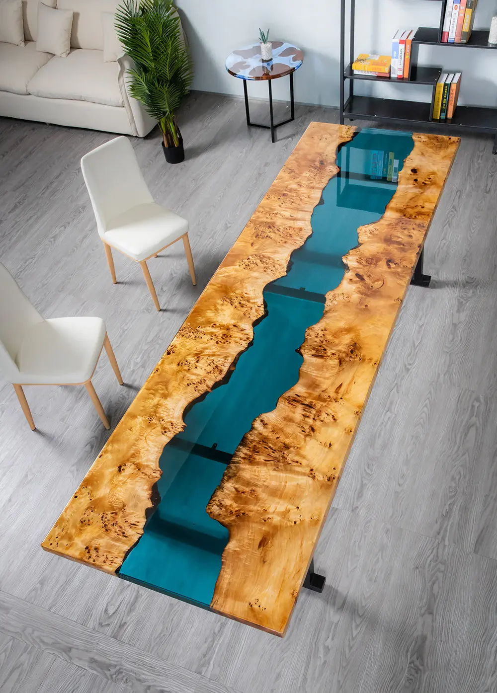 Factory Wholesale Resin Table With Poplar Burl Wood Slab For Dining Room And Kitchen Room 6 Velvet Dining Chairs