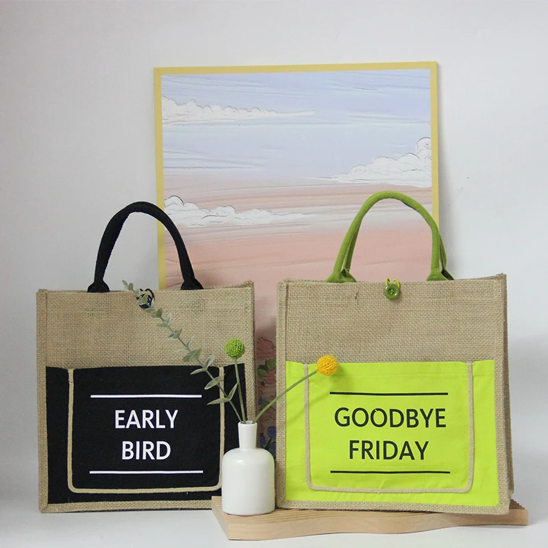 New Wholesale High Quality Recycled Christmas Custom Black Jute Tote Bag Foldable Jute Shopping Bag