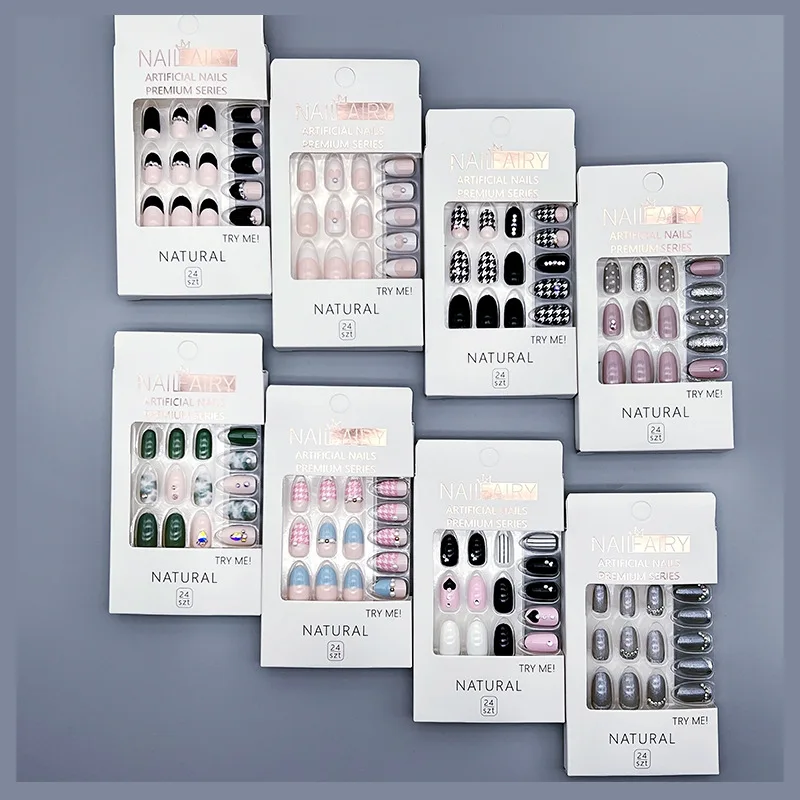 24 Colors Full Cover Almond Shape False Diamond Nails Art Tips Coffin Press On Nail 30 PCS Short Fake Nails