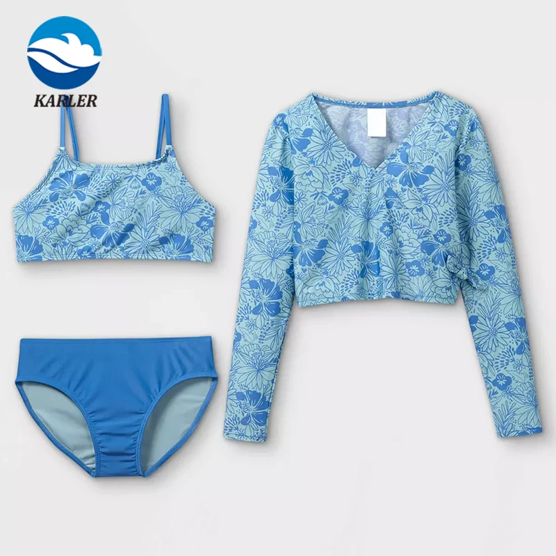 Custom Service Young Girl Party Carvico Quick-Dry Blue Floral Spaghetti Strap Long Sleeve Three Pieces Rash Guard Swimsuits