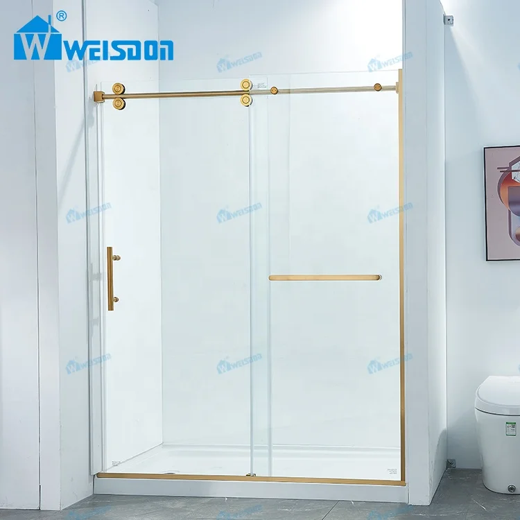 New Design Single Sliding Tempered Glass Shower Enclosure Frameless Bathroom Gold Shower Cabin