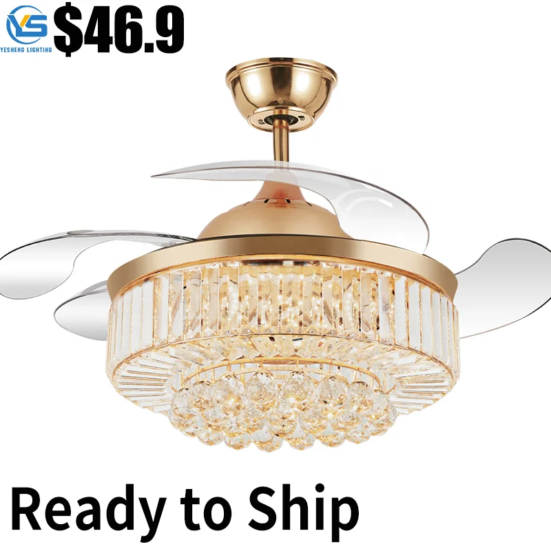 Потолочный вентилятор для люстры с золотым хрусталем, 42 дюйма, с пультом дистанционного управления