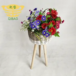 Wholesale fashion hand woven flowerpot PE rattan flowerpot with independent wooden leg outdoor flower basket