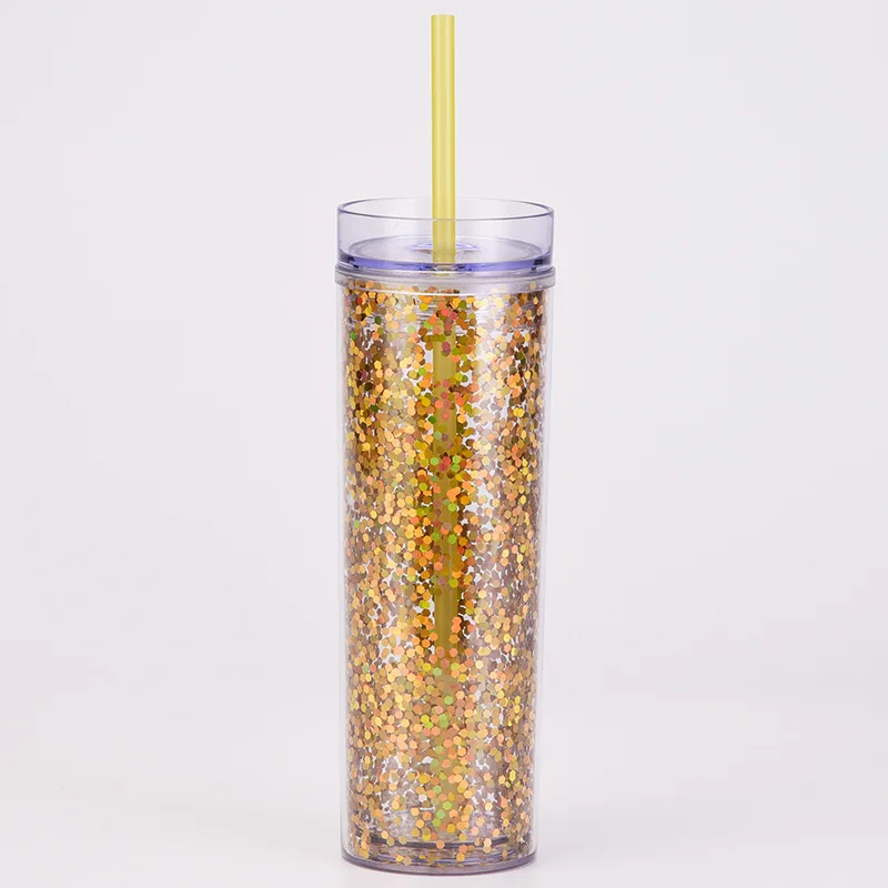 European and American popular fashion boutique transparent sequins double layer thickened and fall resistant plastic cups 450ml