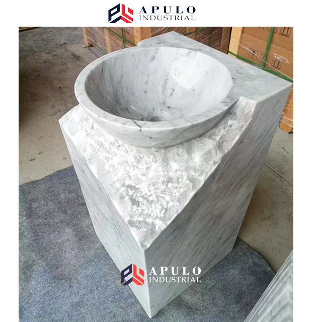 White Marble Standing Basin Sink Artistic Design Marble Pedestal Marble Standing Sink