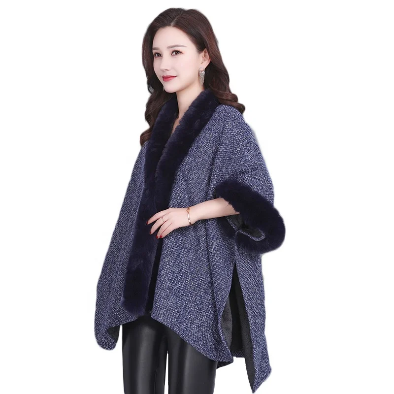 
2020 New Design Women Fashion Mink Poncho Wool Cape Elegant Sweater Jacket Winter Warm Cloak Coat 