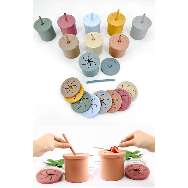 NON- spill 2 Lids in 1 Babe Drink Training Snack Catcher Kid BPA-free baby silicone food sippy cup with straw