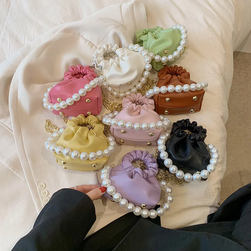Korean Pearl Handbag Baby Girls Small Shoulder Bag Children Metal Chain Crossbody Bag PU Leather Princess Clutch Mini Coin Purse