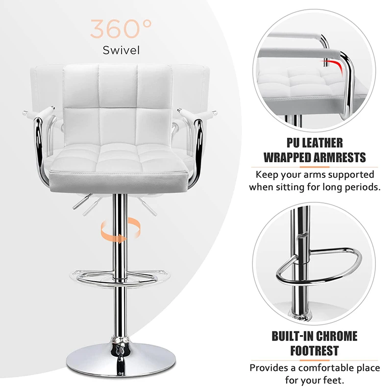 Modern Island Kitchen Chairs 360 Degree Swivel Adjustable White Leather Bar Stools With Armrest And Back
