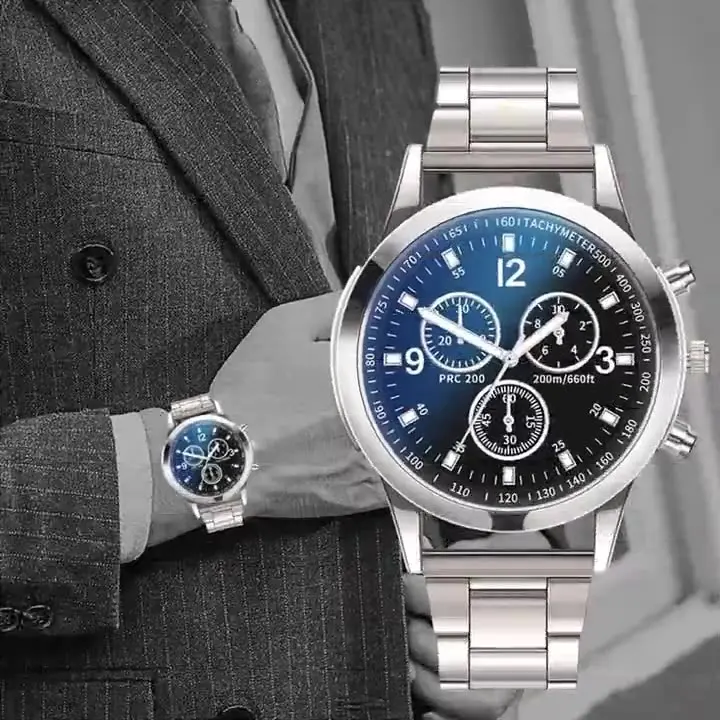 Casual Blue Glass 3-Eye Steel Strap Gift Stainless Steel Quartz Watch for Men