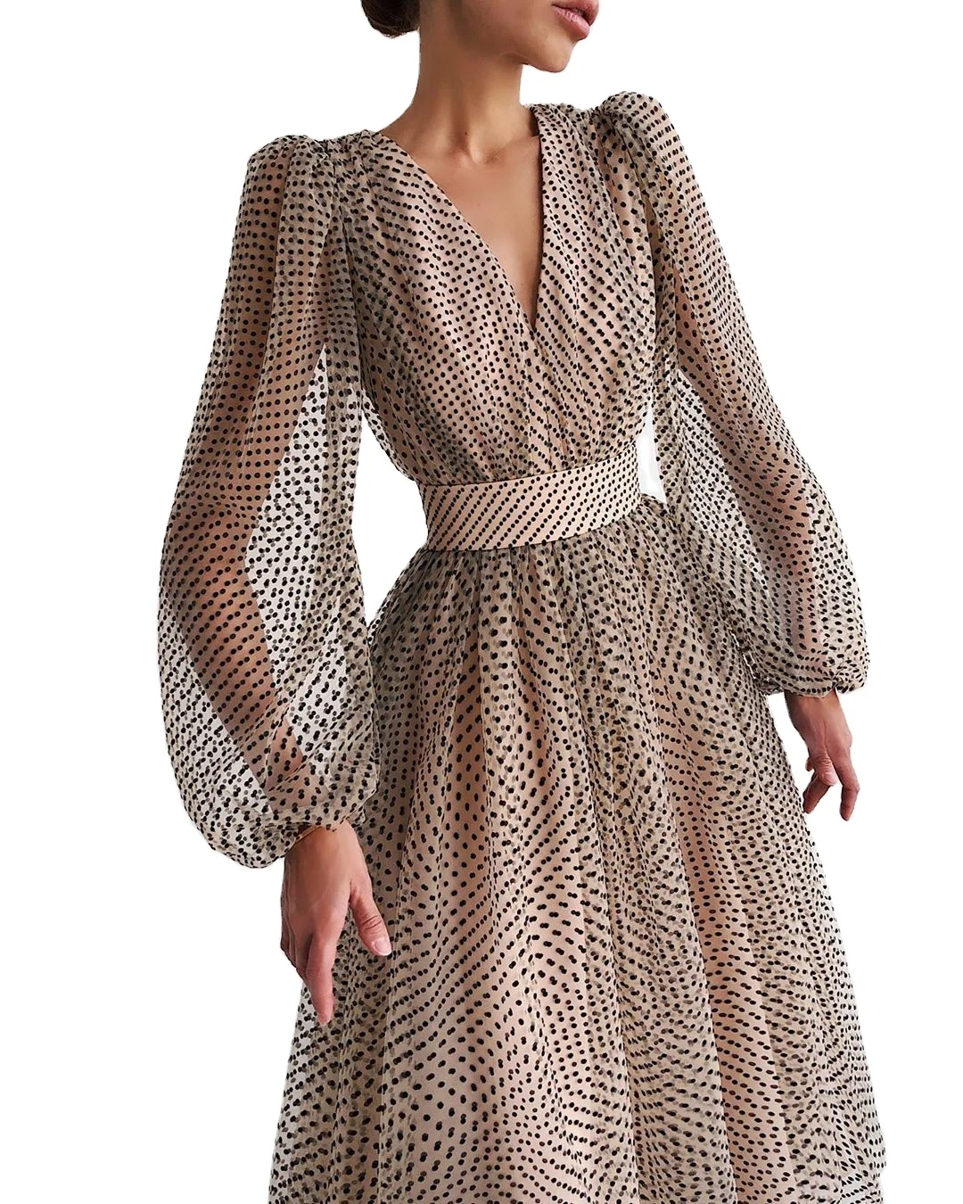 Long Dress Chiffon Summer Wholesale ladies autumn v-neck Midi dress puff sleeve polka dot flutter sleeve evening Spot dresses