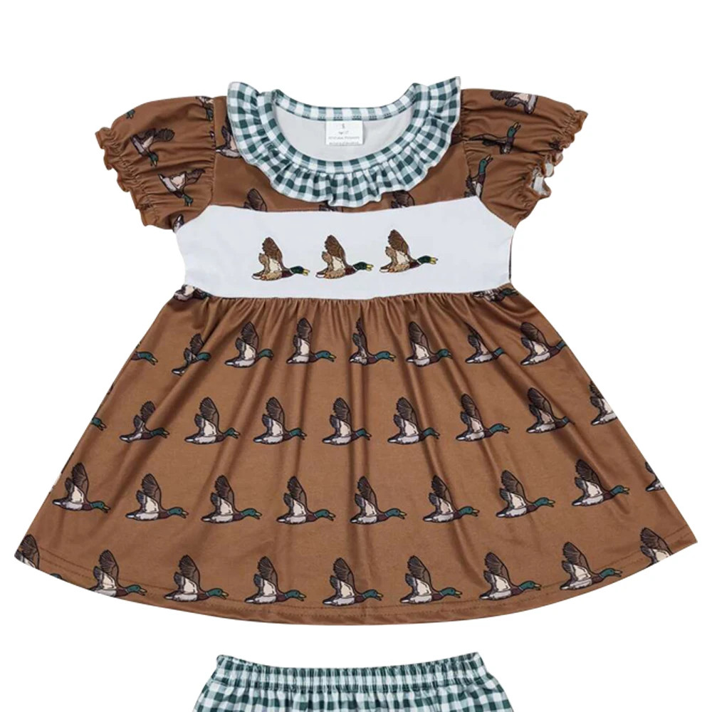 GBO0319 Embroidery Duck dark green check brown short sleeve briefs set high quality baby girls clothes sets newborn clothing