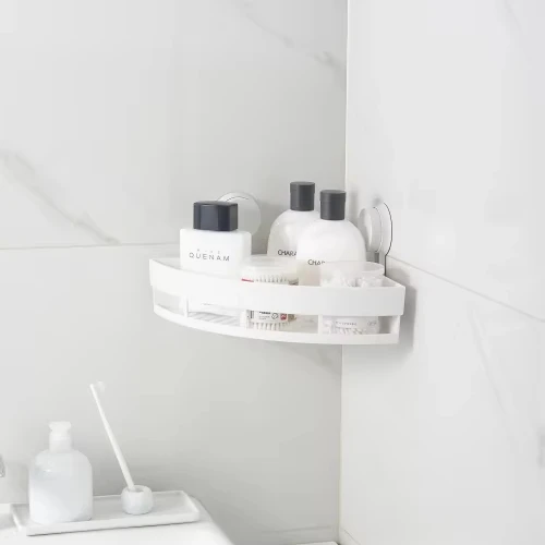 Professional Manufacture Cheap Shower Organiser Storage Bathroom Accessories By Adhesive Shelf Plastic White Fixed