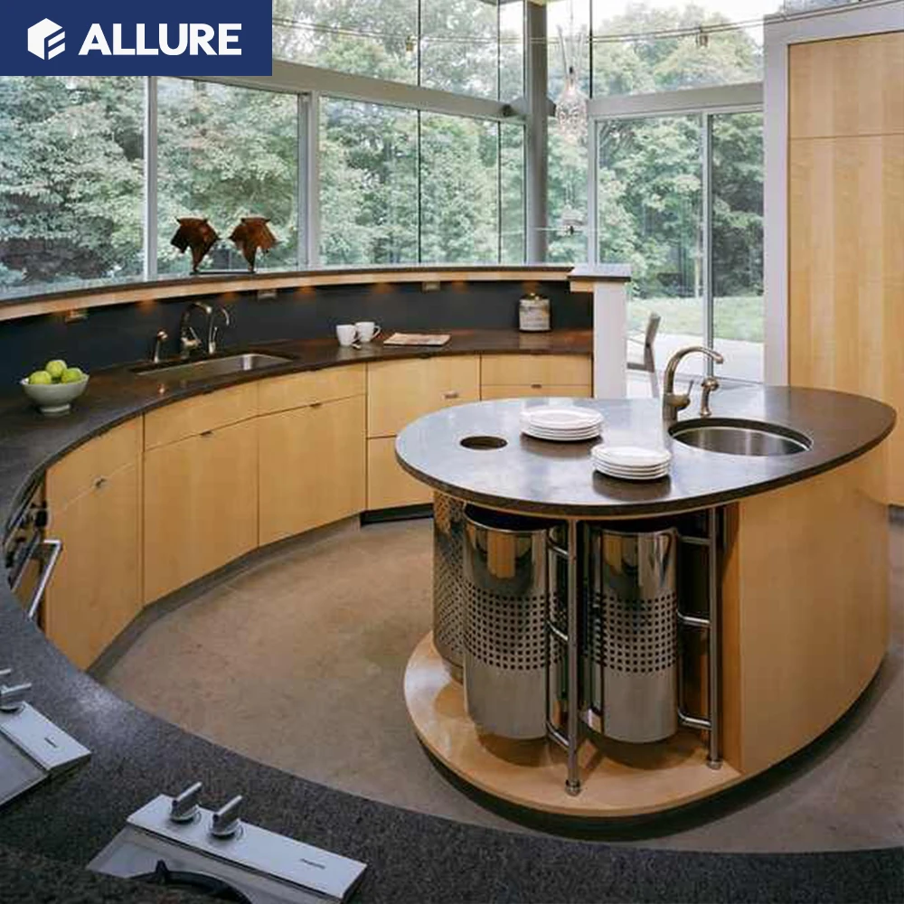 Contemporary Curved Shaped Kichen cabinet Ready to Assemble lacquer or finish modern designs Kitchen Cabinets with Island